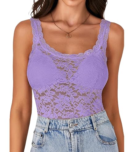 Rooscier Women's Lace Sheer Camisole Tops Blue X-Small | Deep V
